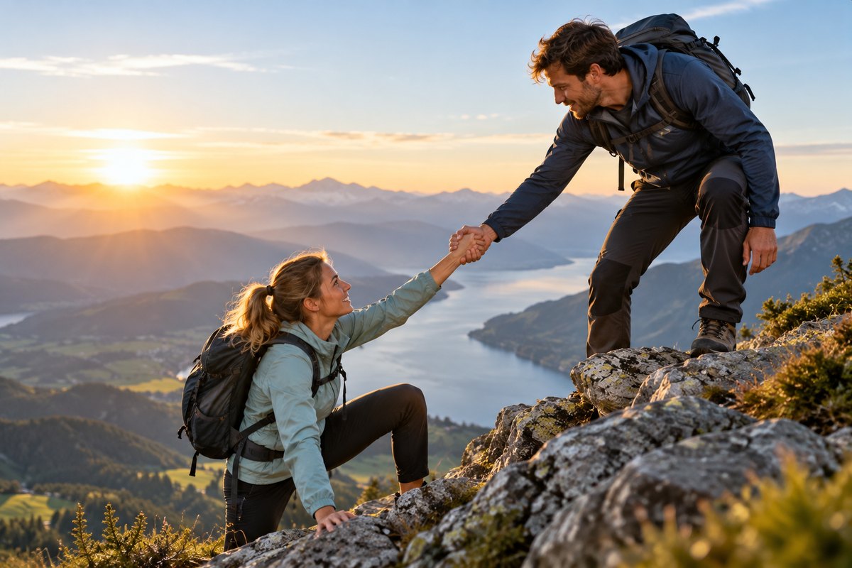 Zwei Menschen helfen sich auf einem Berg