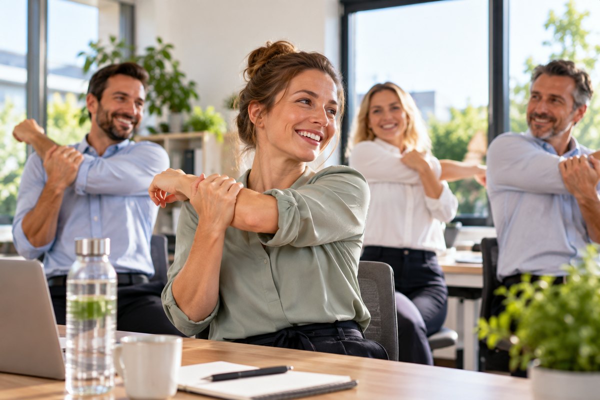 Team in einem modernen Büro bei einer kurzen Bewegungspause