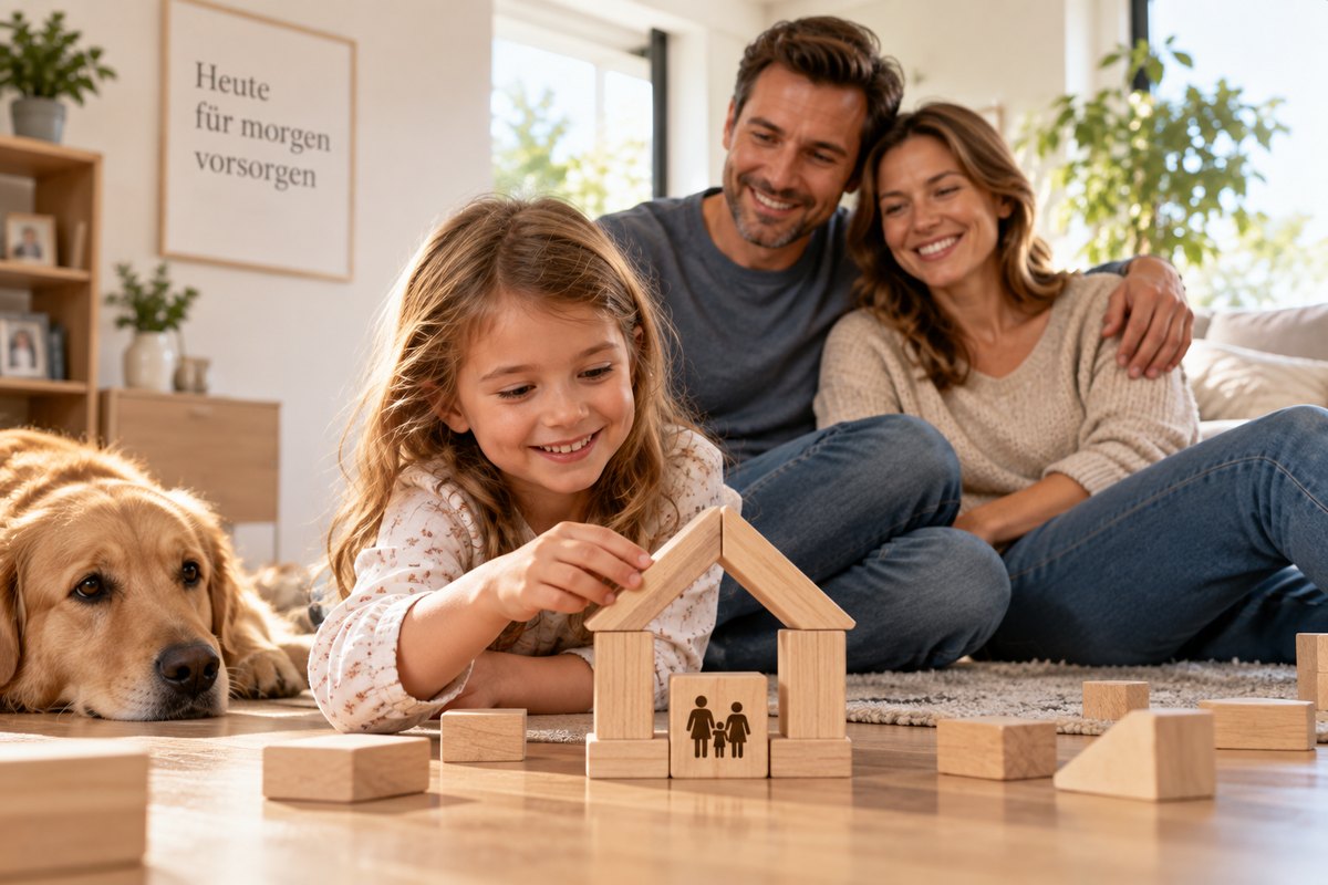 Familie in einem hellen Wohnraum als Symbol für zusätzliche Absicherung